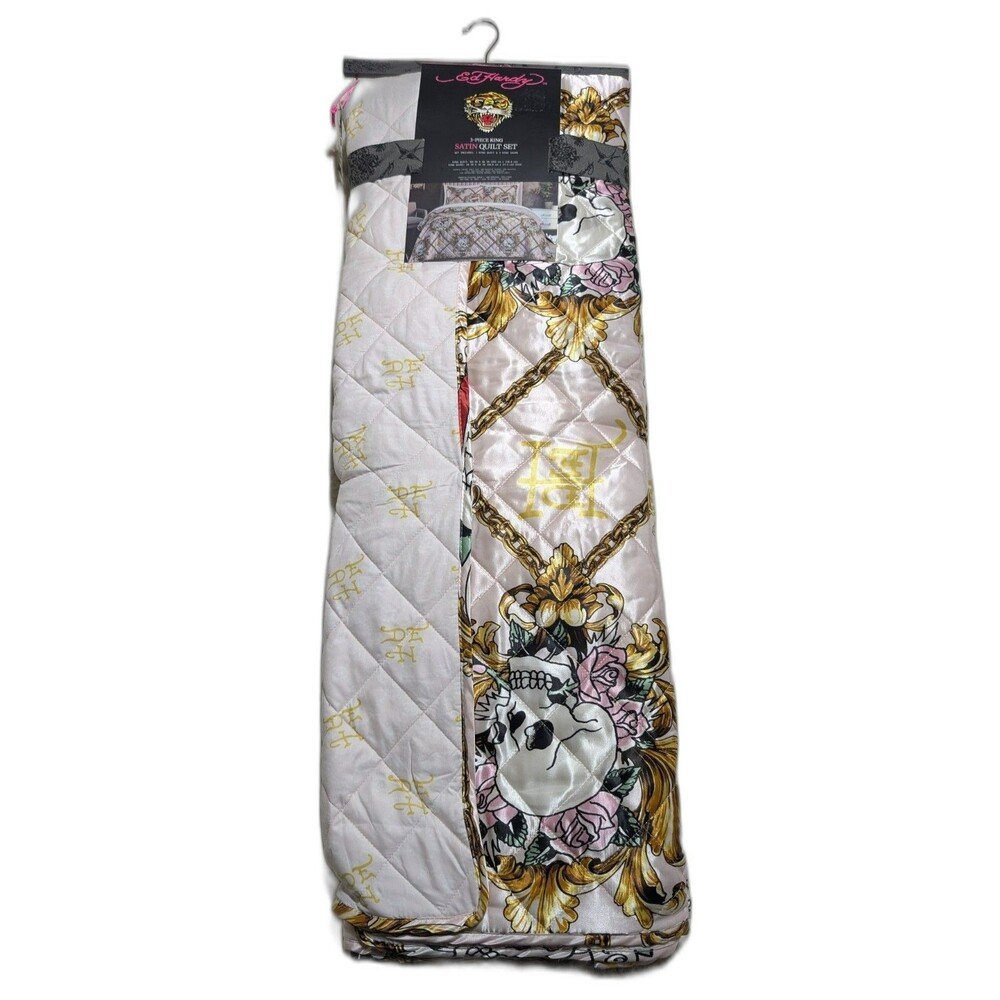 Ed Hardy 3-Piece King Satin Quilt Set Pink Skull Roses Tattoo Bedding NWT